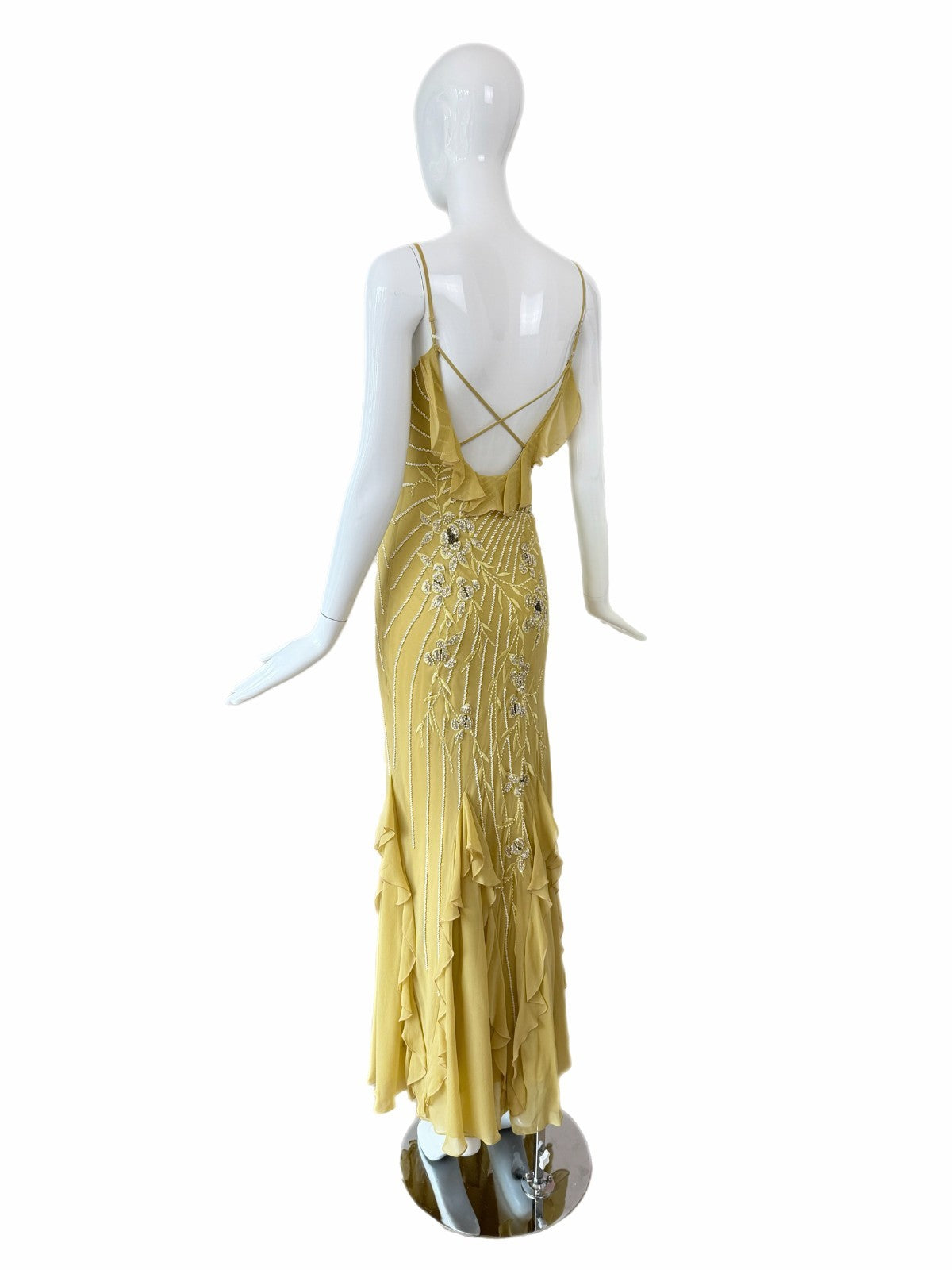 Sue Wong 2005 Chartreuse Silk Floral Beaded Ruffle Gown