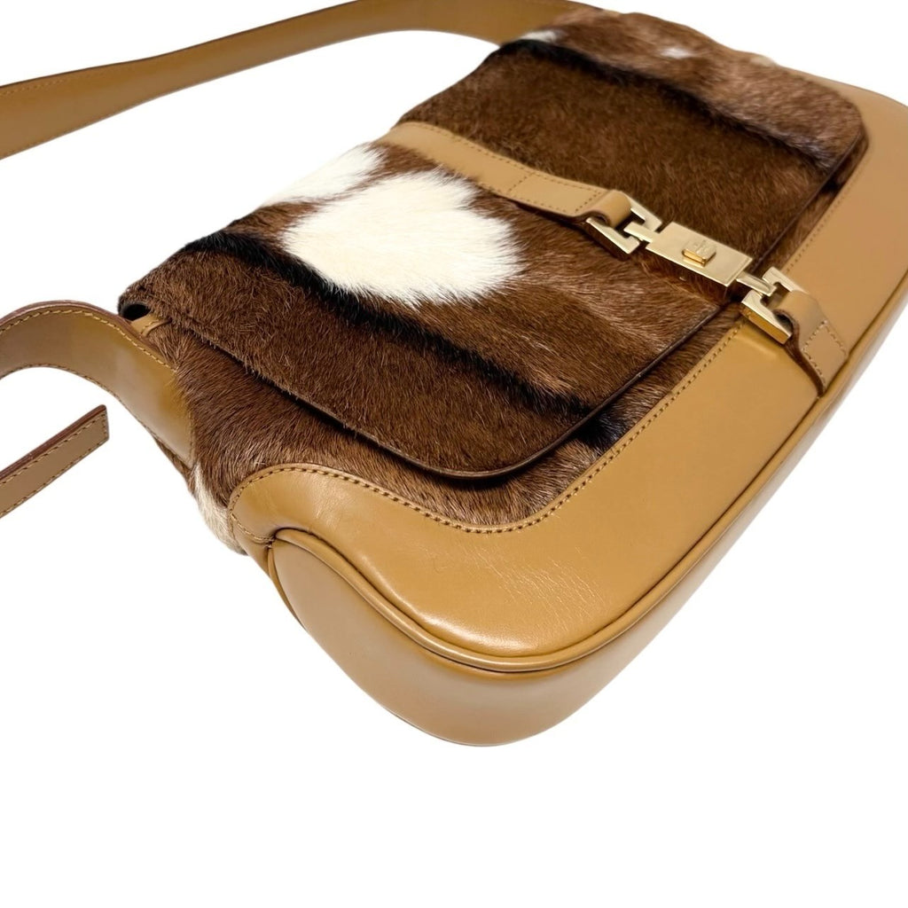 GUCCI Vintage Jackie Cow Pony Calf Hair Shoulder Bag Brown Camel Leather