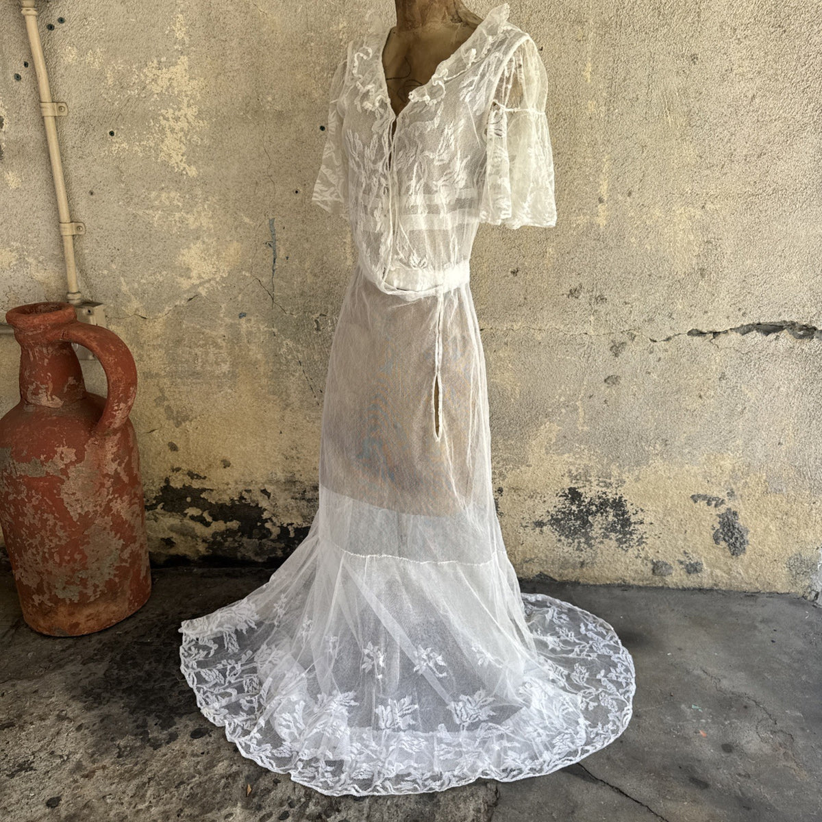 Antique Edwardian White Net Lace Dress Floral Lace Maxi Ruffle Bridal Vintage