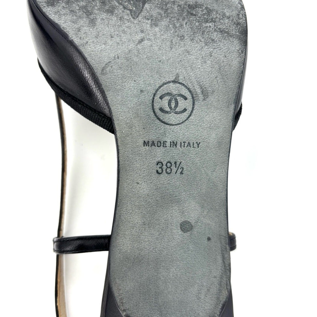 Vintage Chanel CC Logo Bow Black Leather Slingback Pointed Toe Pumps 38.5EU