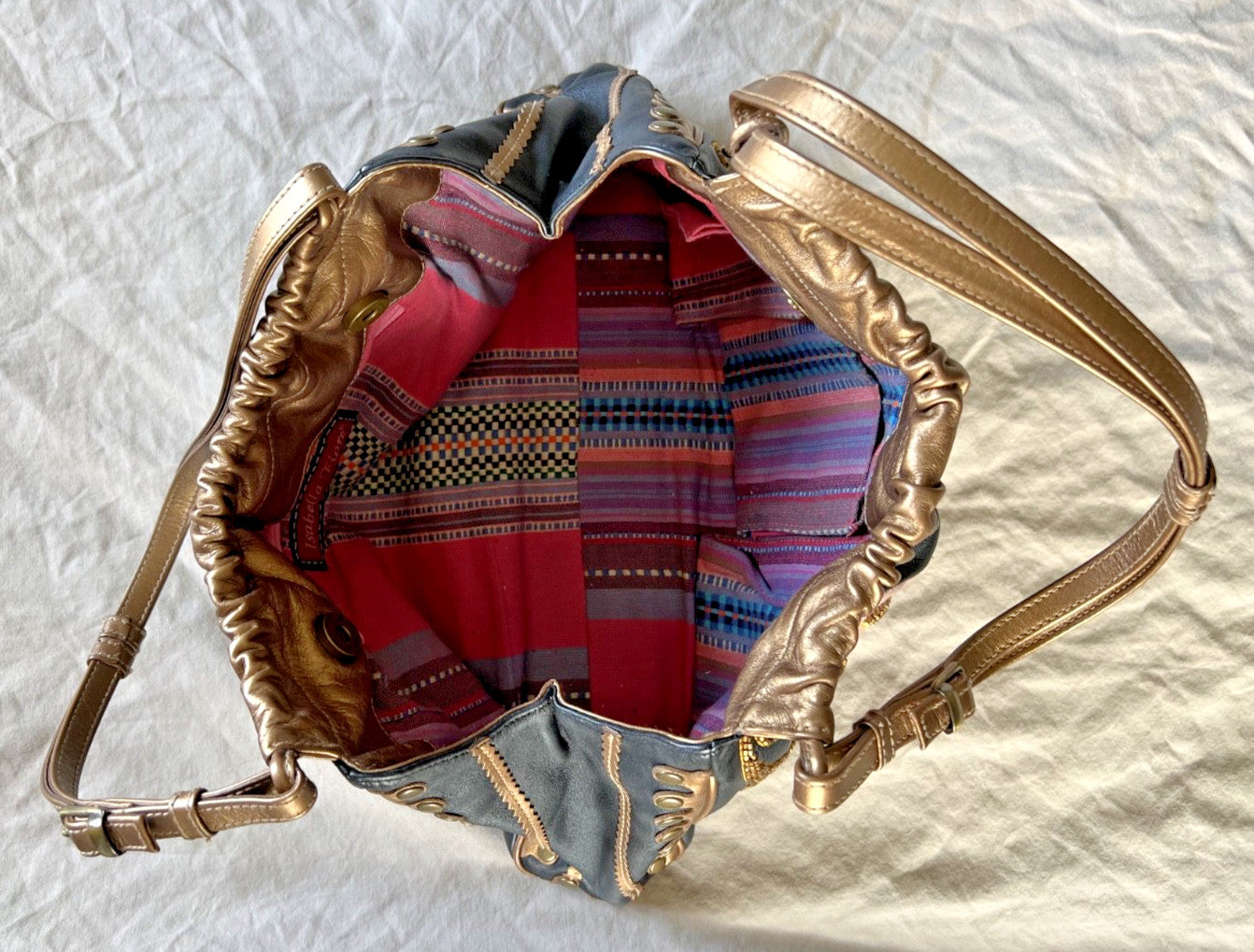Isabella Fiore Black and Gold Floral Embroidered Leather Shoulder Bag