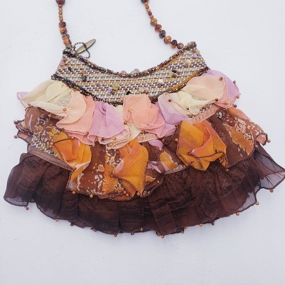 Mary Frances Beaded Tulle Ruffle Wicker Shoulder Bag Mother of Pearl Earthtones