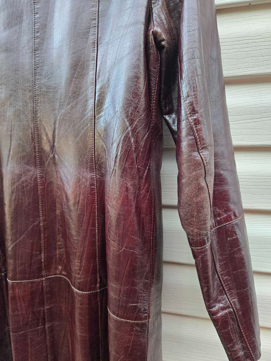 Vintage Long Leather Coat with Removable Fur Collar Brown Women's