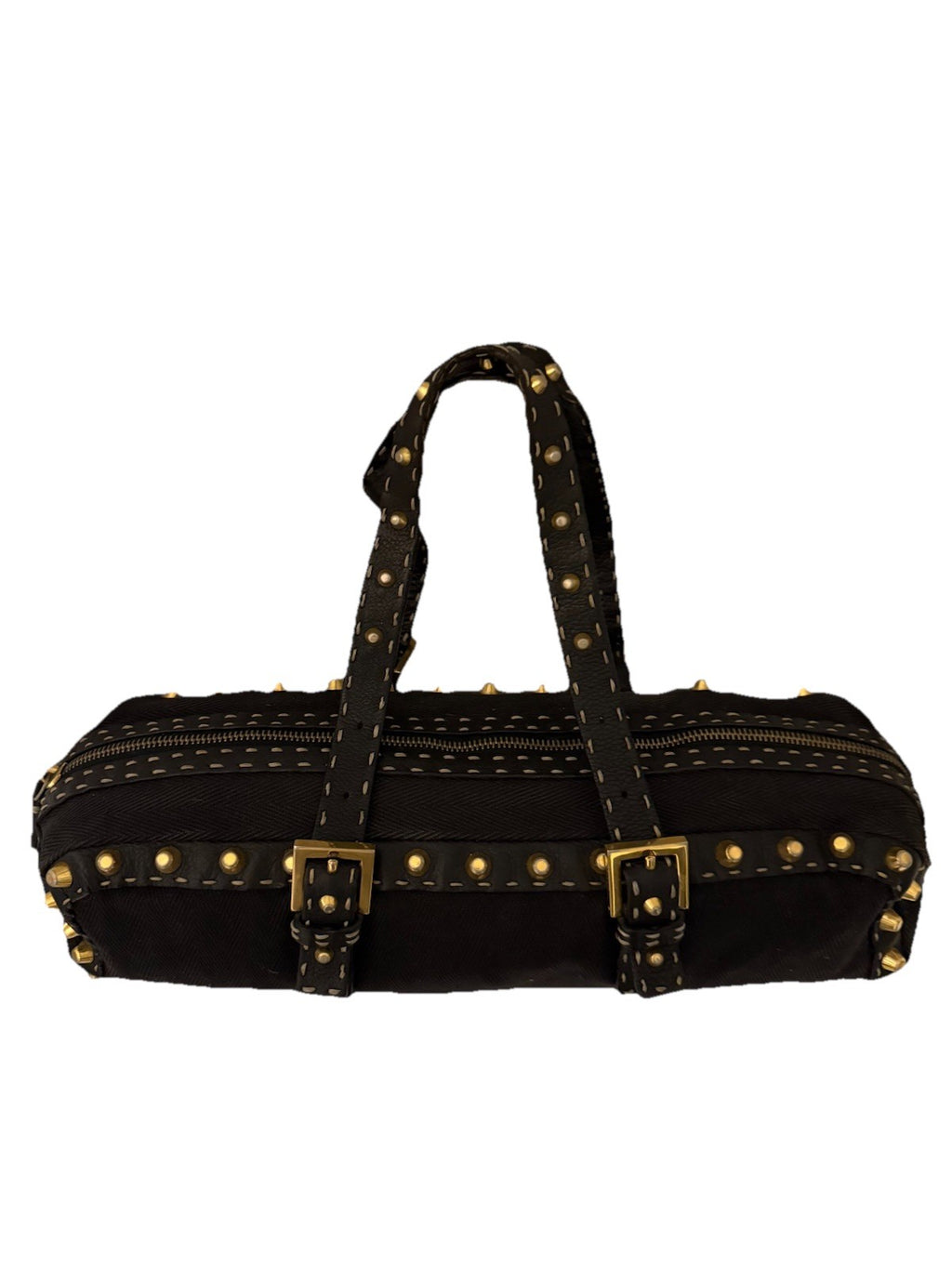 Auth.FENDI SELLERIA Black Canvas Leather -Trimmed Studded Handbag Vintage 2000s