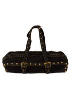Auth.FENDI SELLERIA Black Canvas Leather -Trimmed Studded Handbag Vintage 2000s