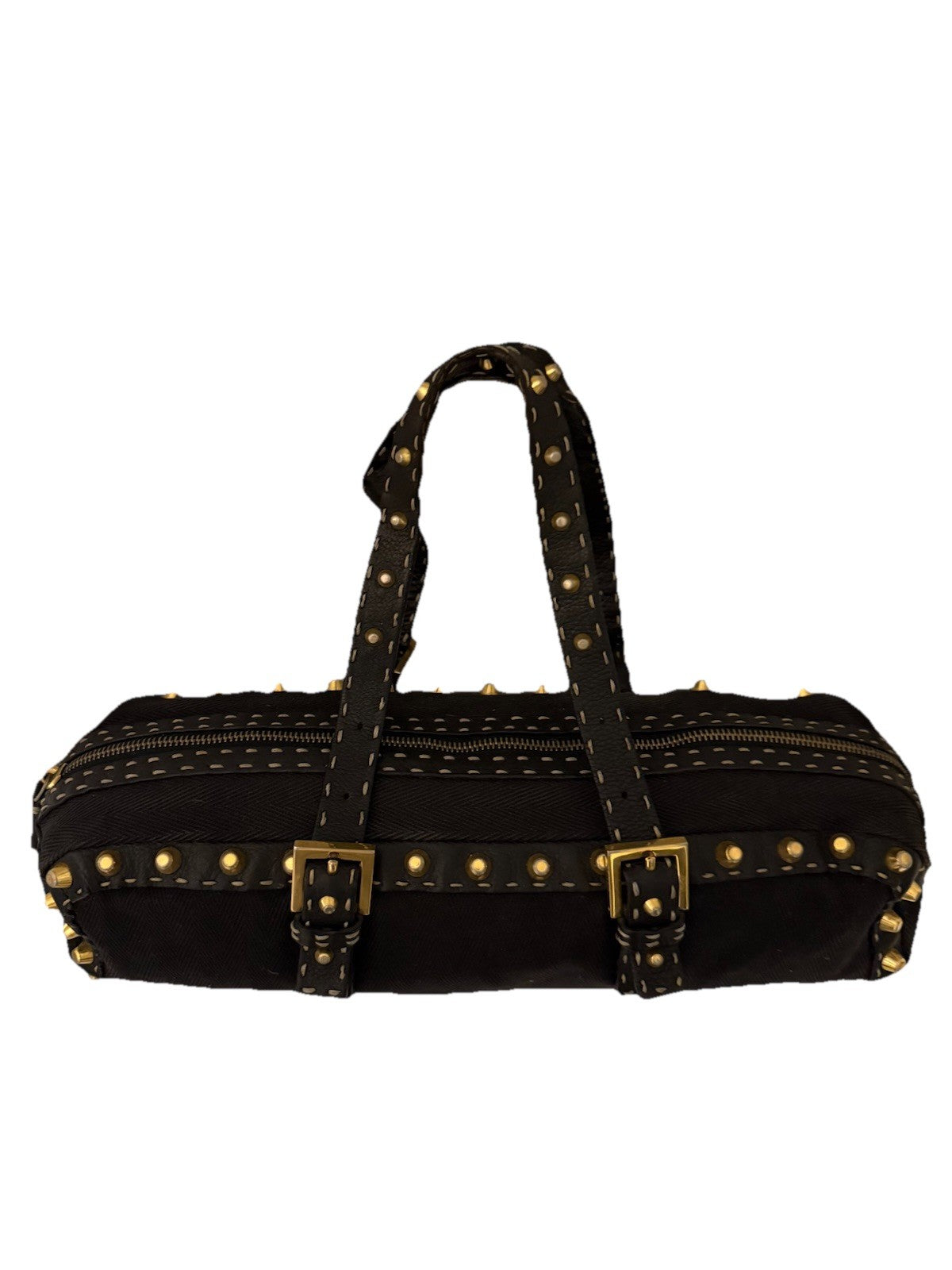 Auth.FENDI SELLERIA Black Canvas Leather -Trimmed Studded Handbag Vintage 2000s