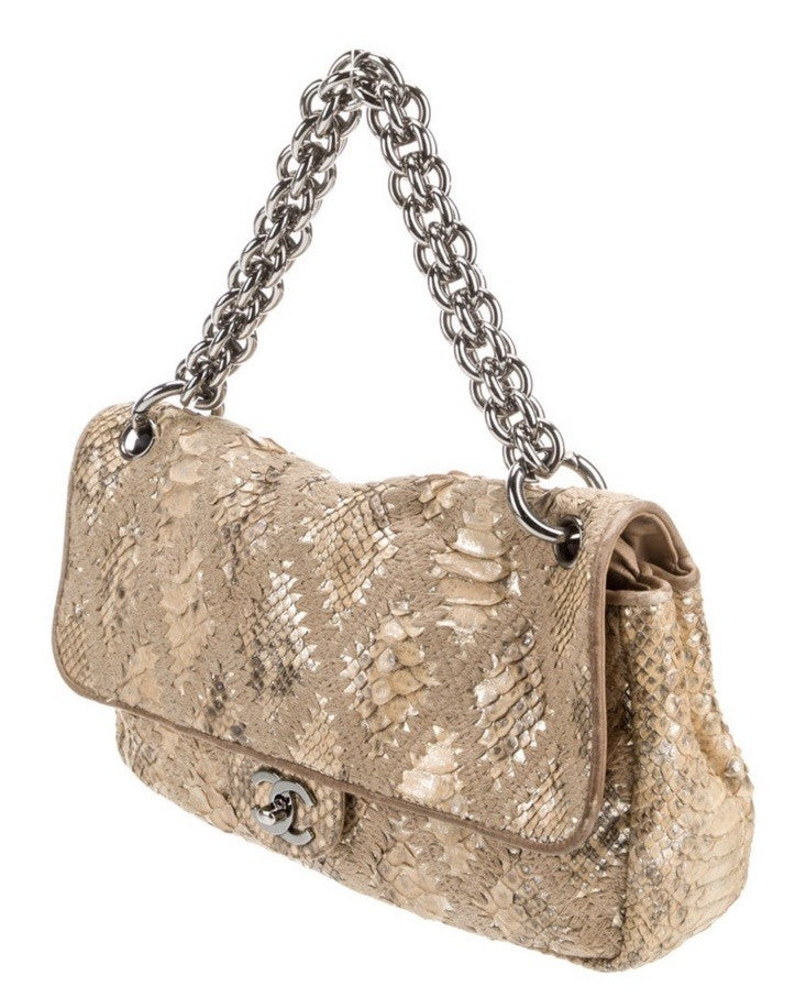 Chanel Beige And Gold Python Crochet Flap Bag With Chain Vintage RARE