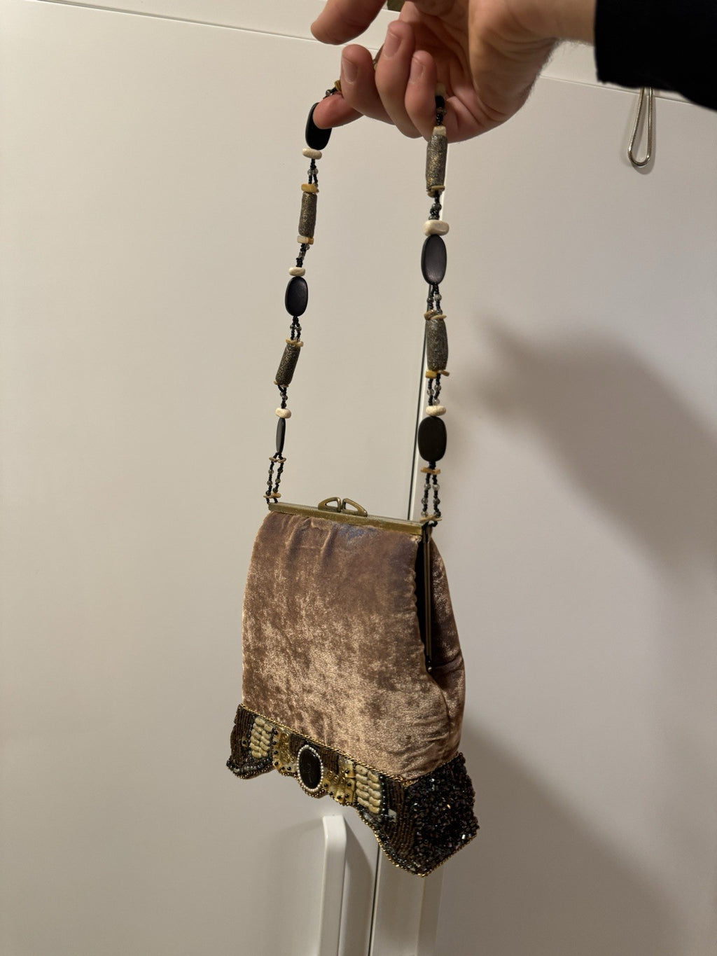 Mary Frances Handmade Beaded Velvet Bag Floral Mother of Pearl Clutch Purse