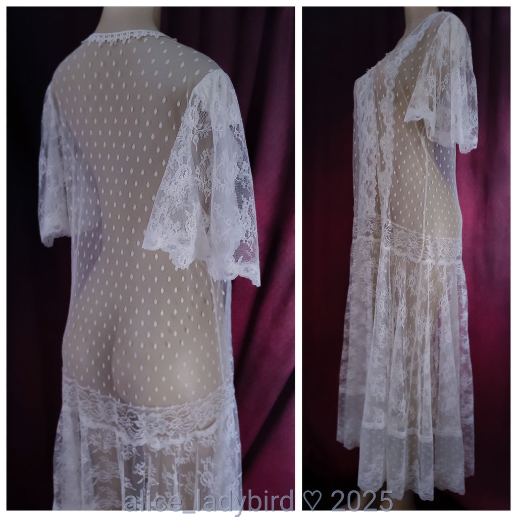 Vintage CHANTILLY Lace DRESS Drop Waist SHEER Lingerie Gown Victorian Bride ~L