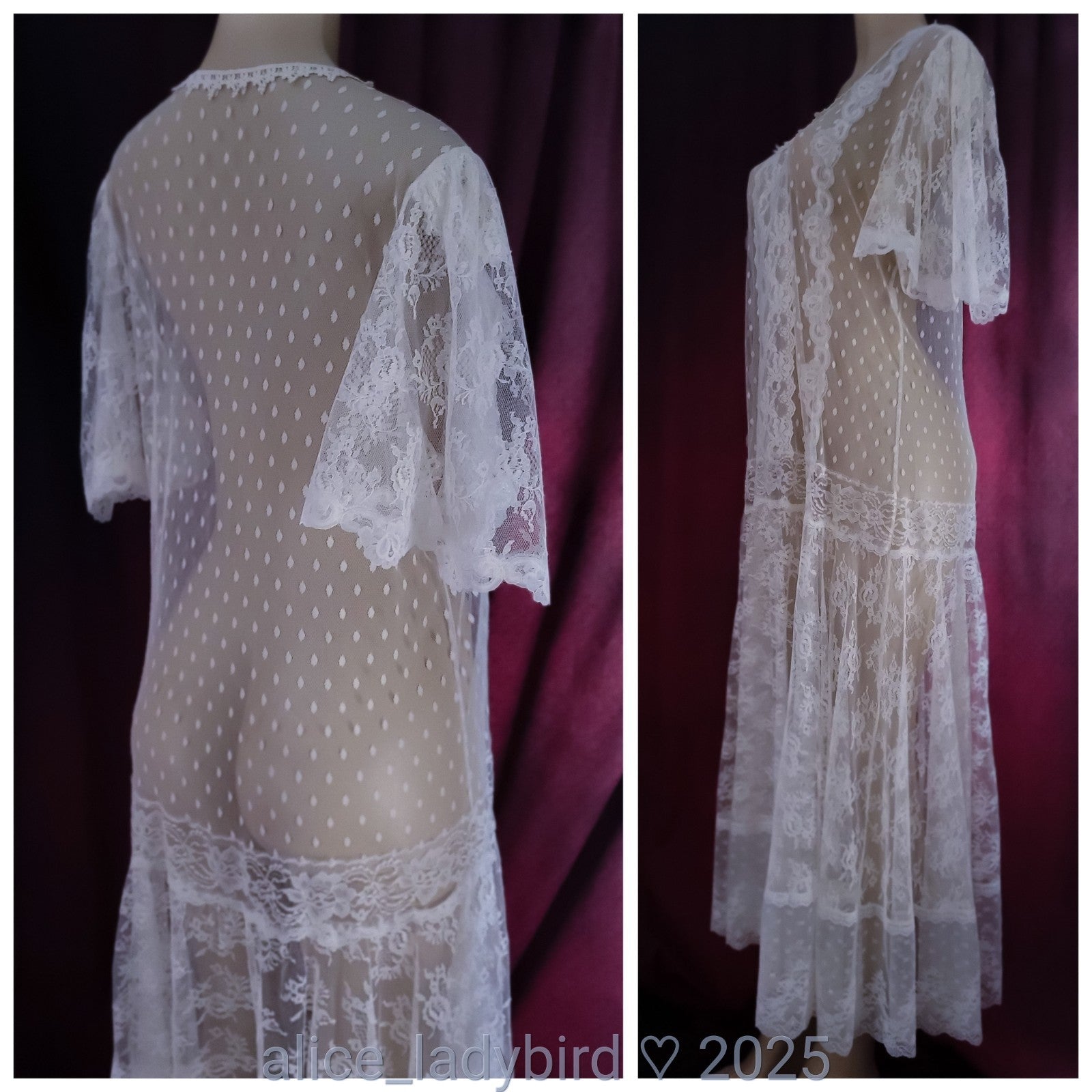 Vintage CHANTILLY Lace DRESS Drop Waist SHEER Lingerie Gown Victorian Bride ~L
