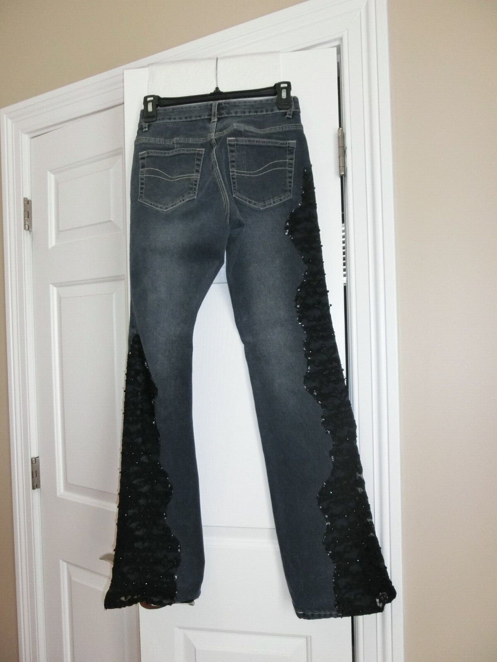 Cache Bootcut Jeans Black Lace Beaded Asymmetric Design Size 0