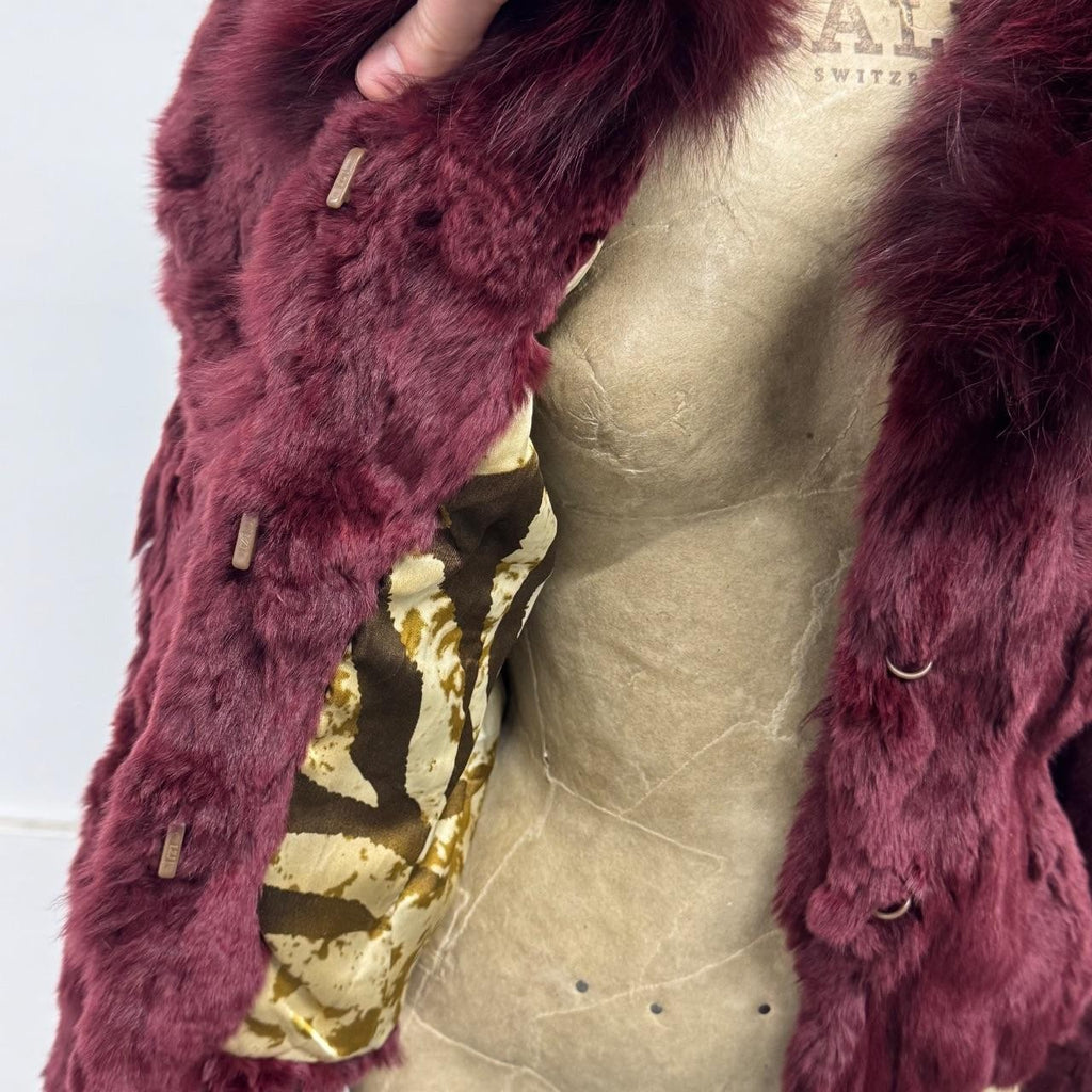 Vintage Y2K Burgundy Rabbit and Fox Fur Jacket