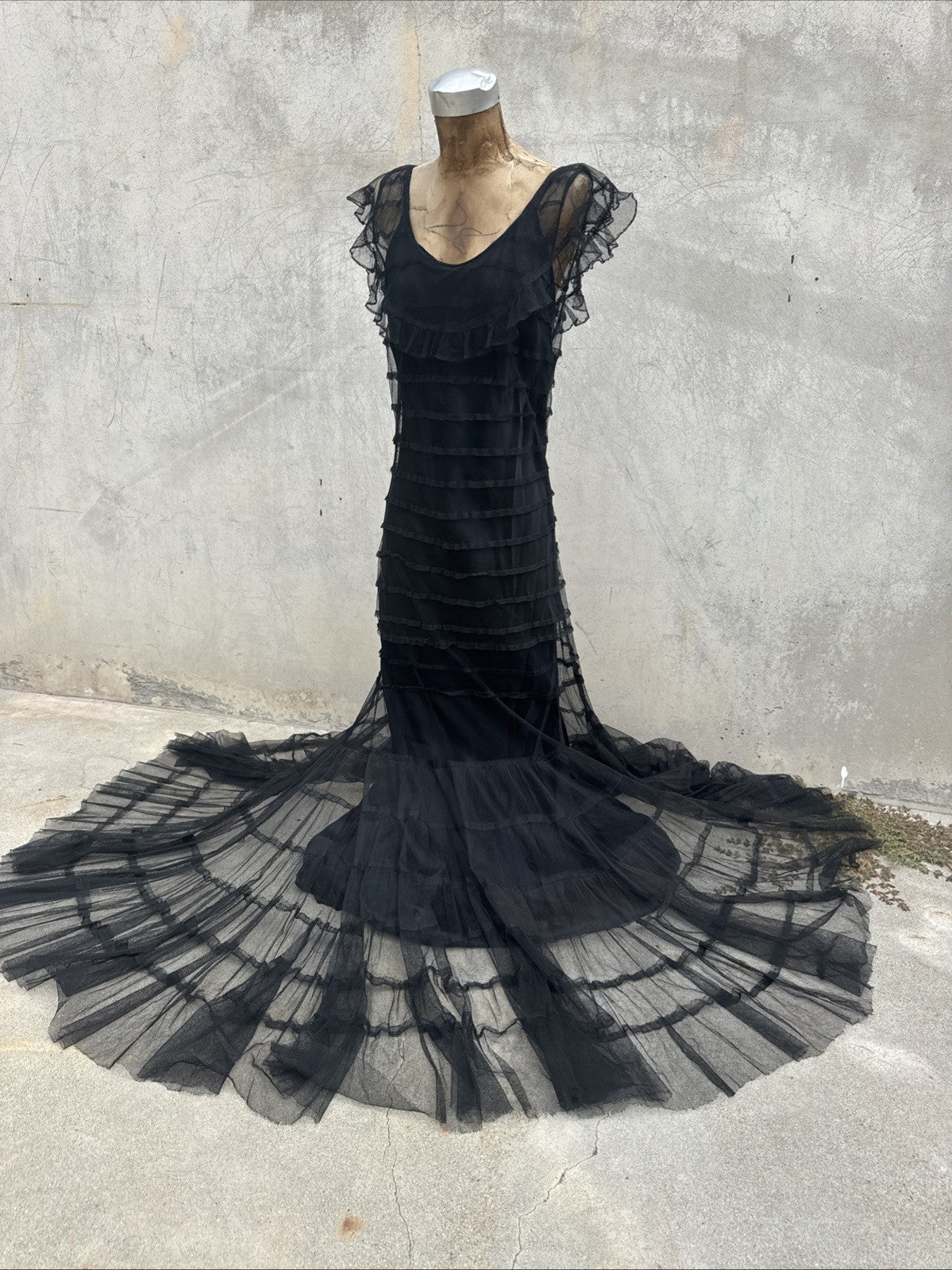 Vintage 1930s Black Mesh Net Gown Ruffles Low Back Bias Cut Art Deco Maxi Dress