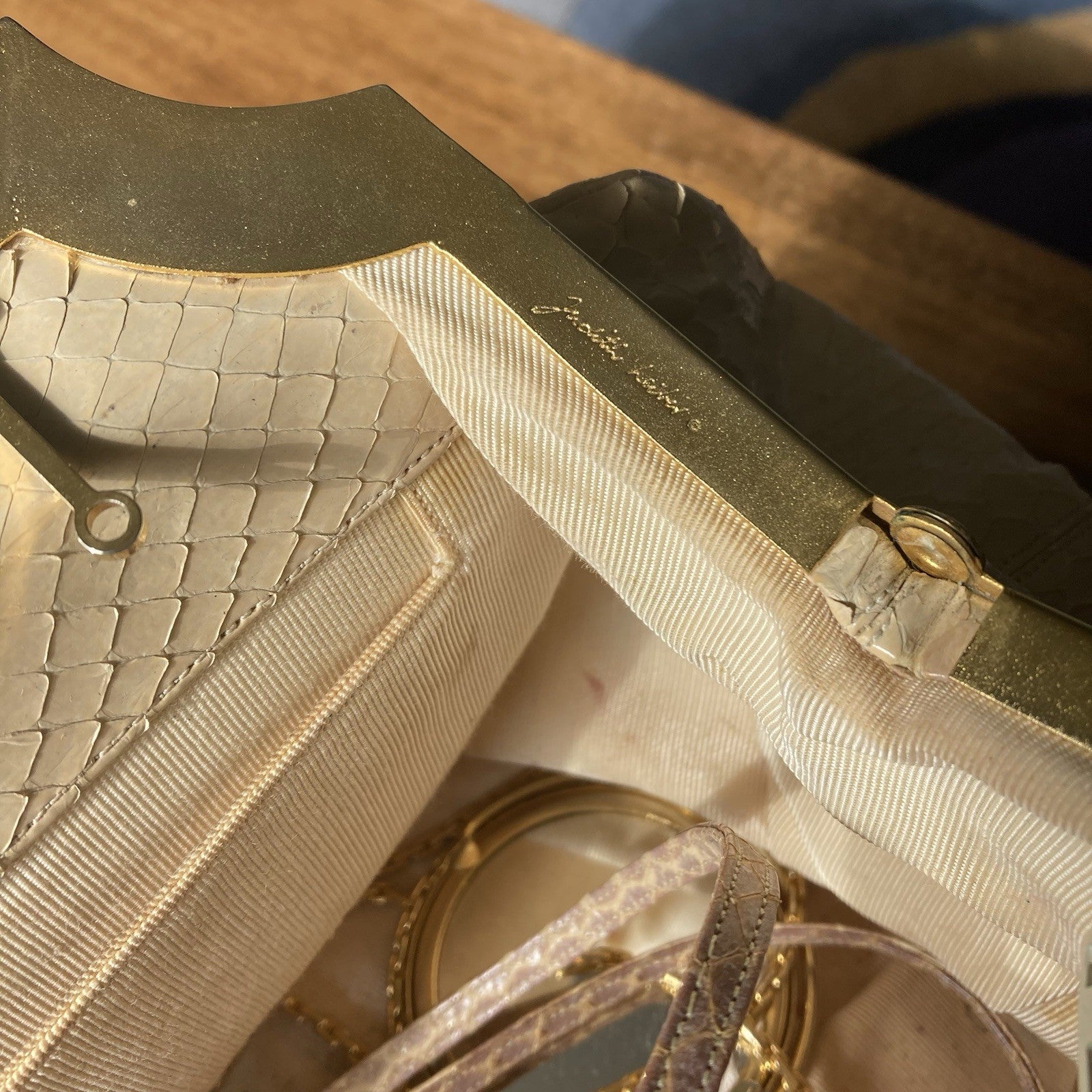 Vintage Judith Leiber Ivory Snakeskin Clutch Shoulder Bag with mirror and comb