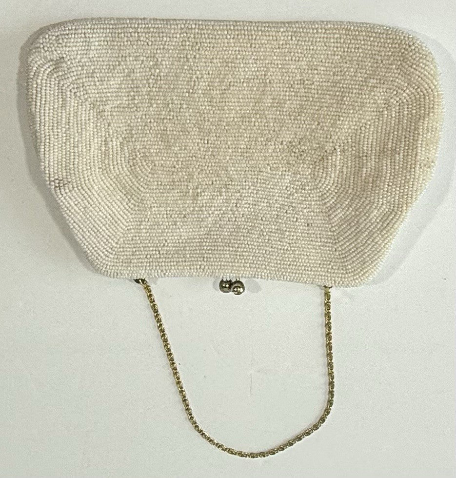 Vintage White Beaded Purse Clutch Bag Handbag Thin Gold Chain Handle