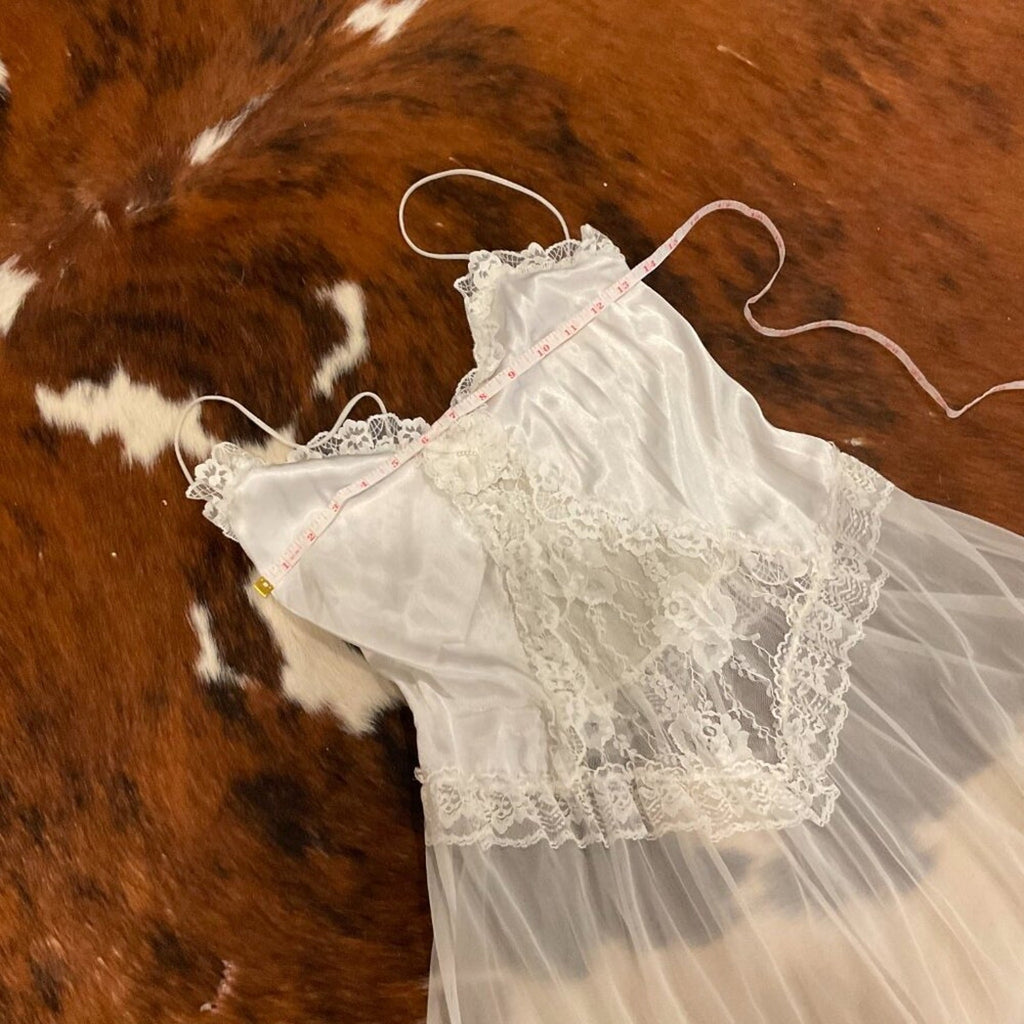 Vintage Sheer Lace Floral Lingerie dress Gown bridal ruffle coquette M White