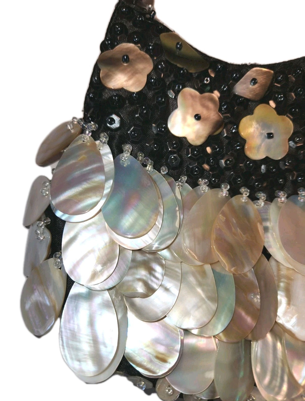 Vintage Black Satin Handbag With mother-of-pearl Shell Fringe & Beads Small 6X7"