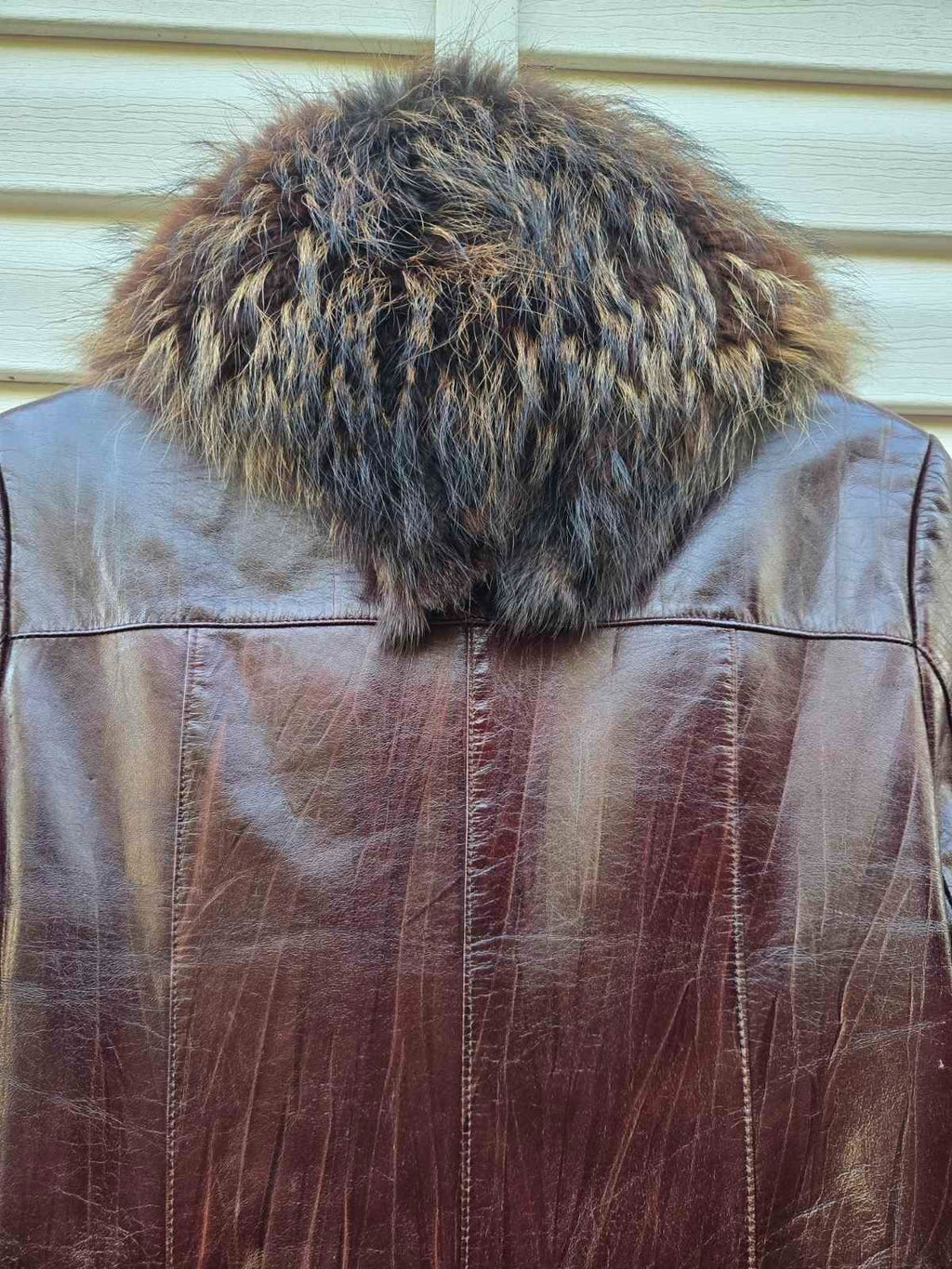 Vintage Long Leather Coat with Removable Fur Collar Brown Women's