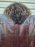 Vintage Long Leather Coat with Removable Fur Collar Brown Women's