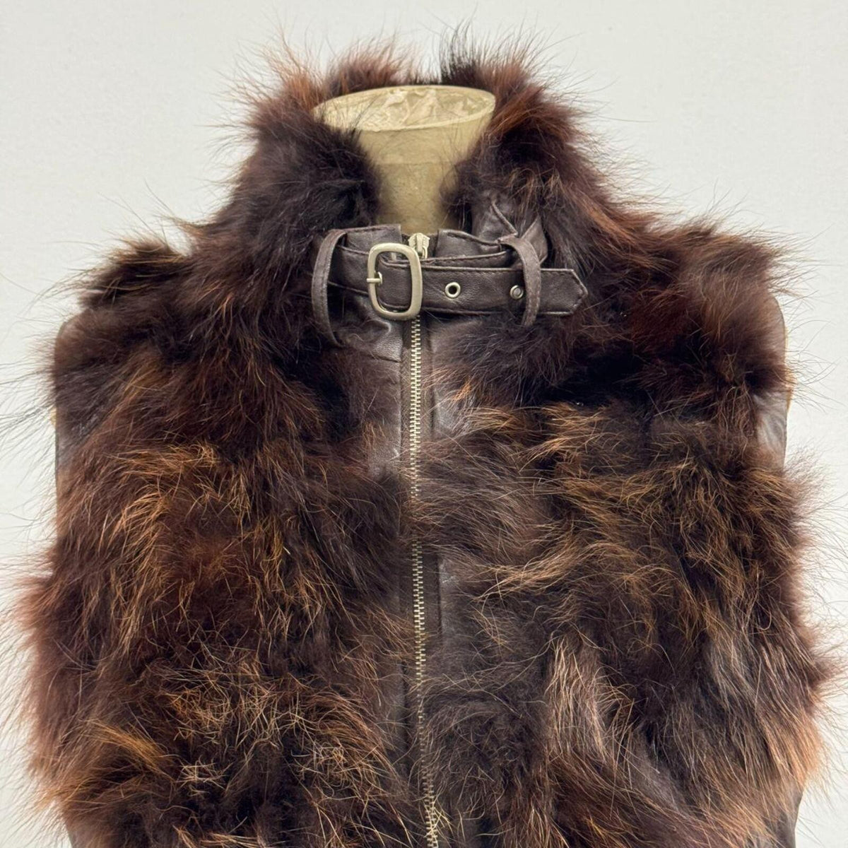 Vintage Y2K Chocolate Leather and Fox Fur Moto Vest