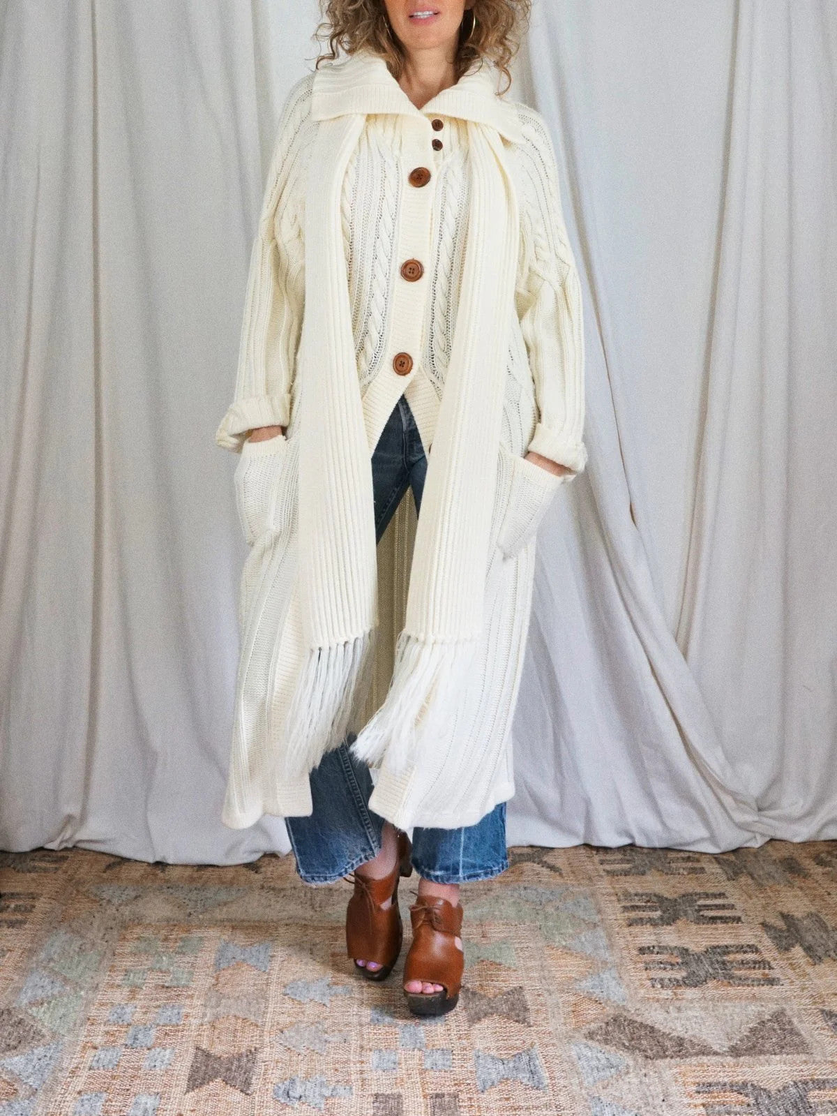 Vintage 70's Ivory Boho Long Cable Knit Scarf Duster Sweater Maxi Coat / S/M