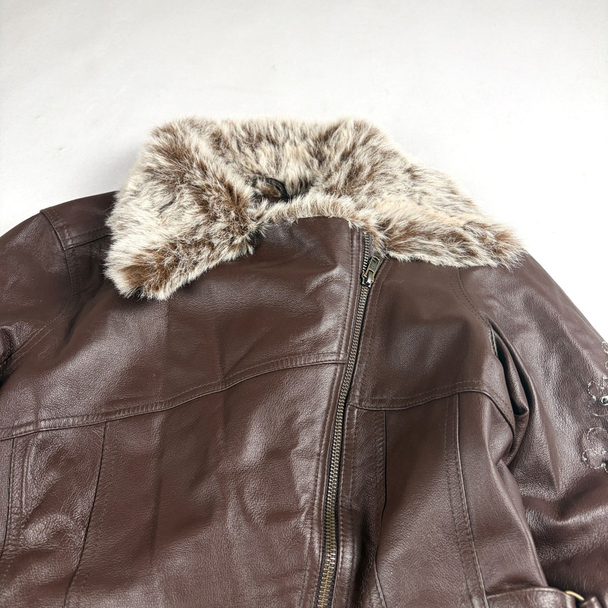 Together Vintage Leather Jacket Small Brown with Fur Trim
