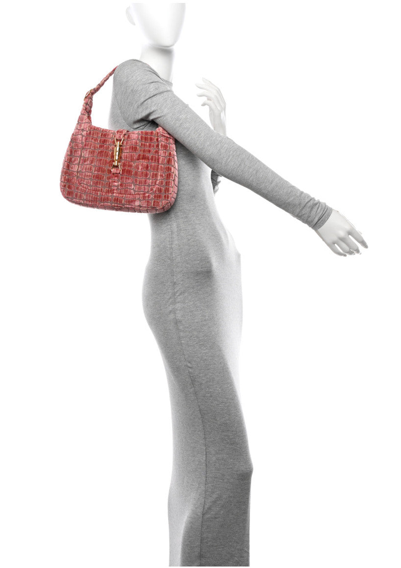 GUCCI Jackie 1961 Velvet Crocodile Jacquard in Pink & Taupe Excellent Condition