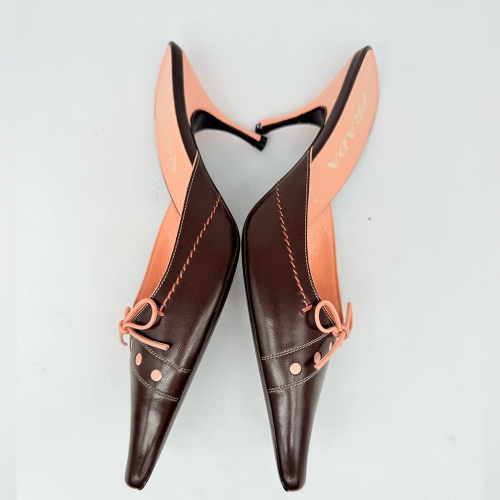 Prada Vintage Dark Brown Pink Bow embellished elongated mules heels EU 39 US 9