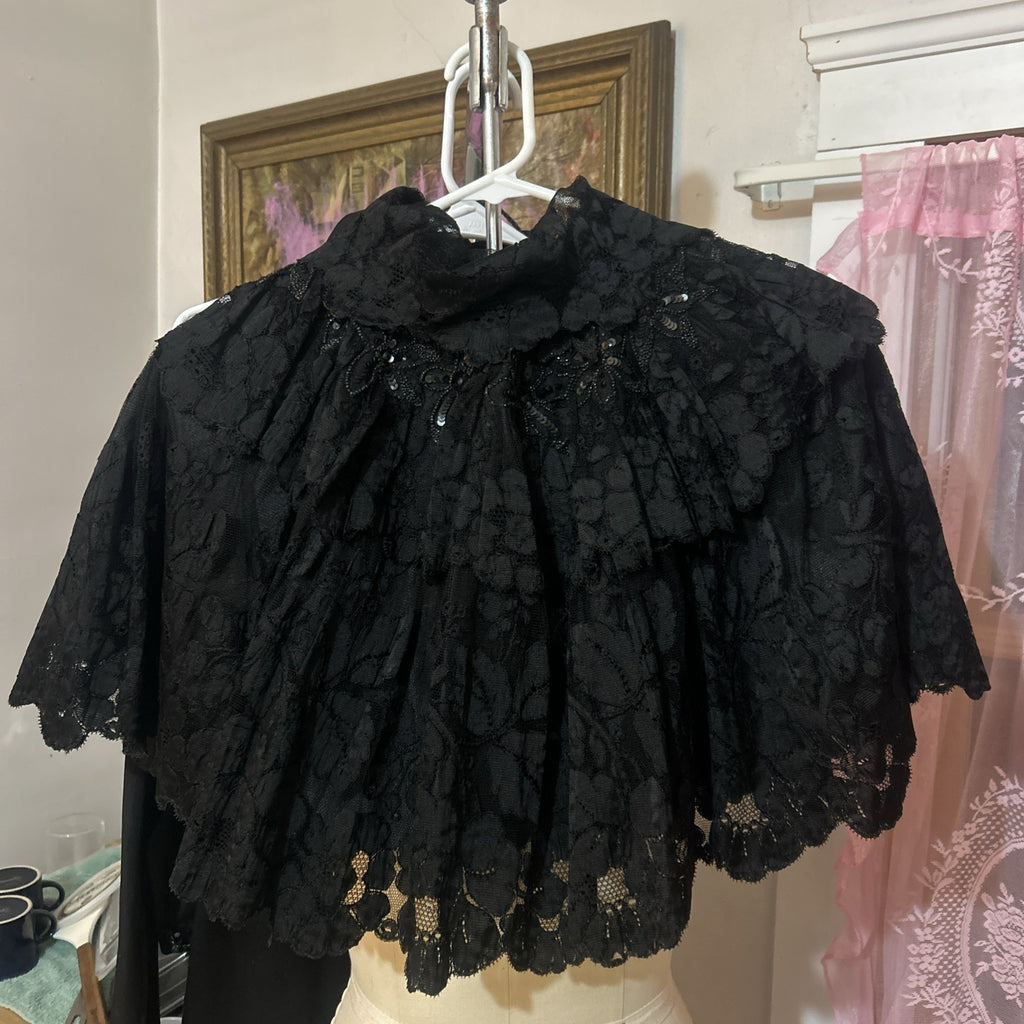 Vintage 1800's Victorian Gothic Black Lace Capelet w/ Beads  + Ruffle Size Small