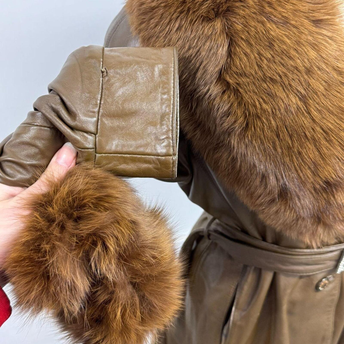 Vintage Y2K Brown Leather and Fox Fur Trench Coat