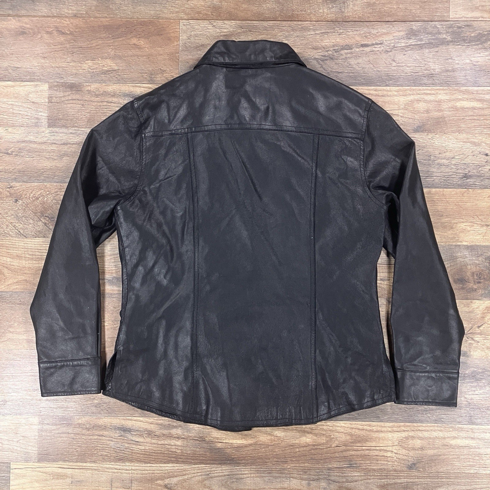 AMI Leather Shirt Womens Medium Black Long Sleeve Lined Button Up