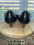 Vintage Prada Blk Leather Kitten Heel Pump W/ Pointed Toe & Silver Buckle Sz 36