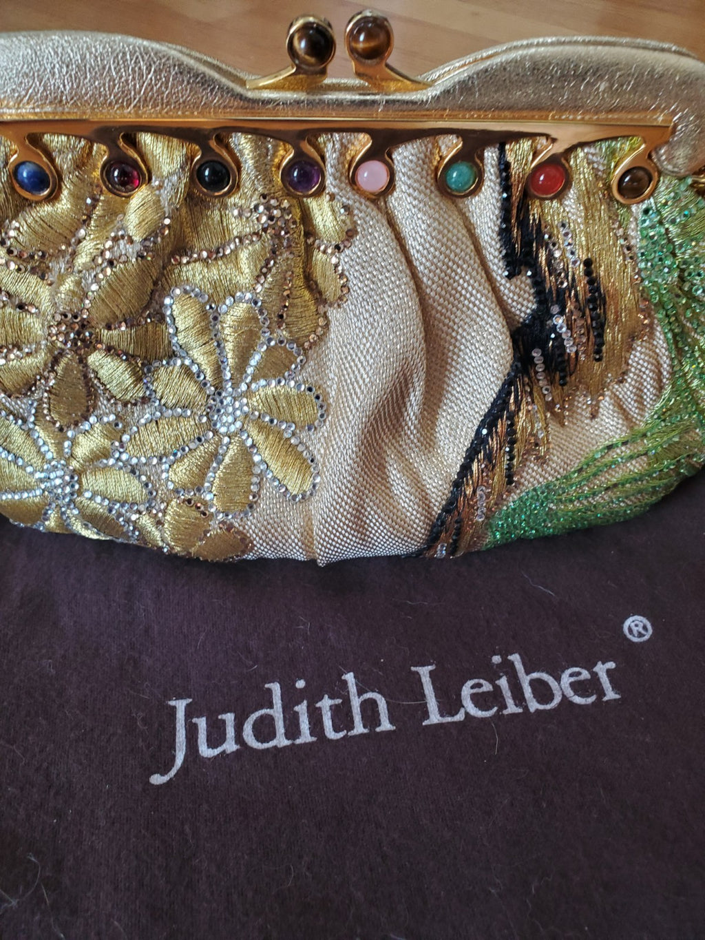 Judith Leiber Gold Floral Embroidered Crystal Beaded Clutch w/ Dust Bag & Comb