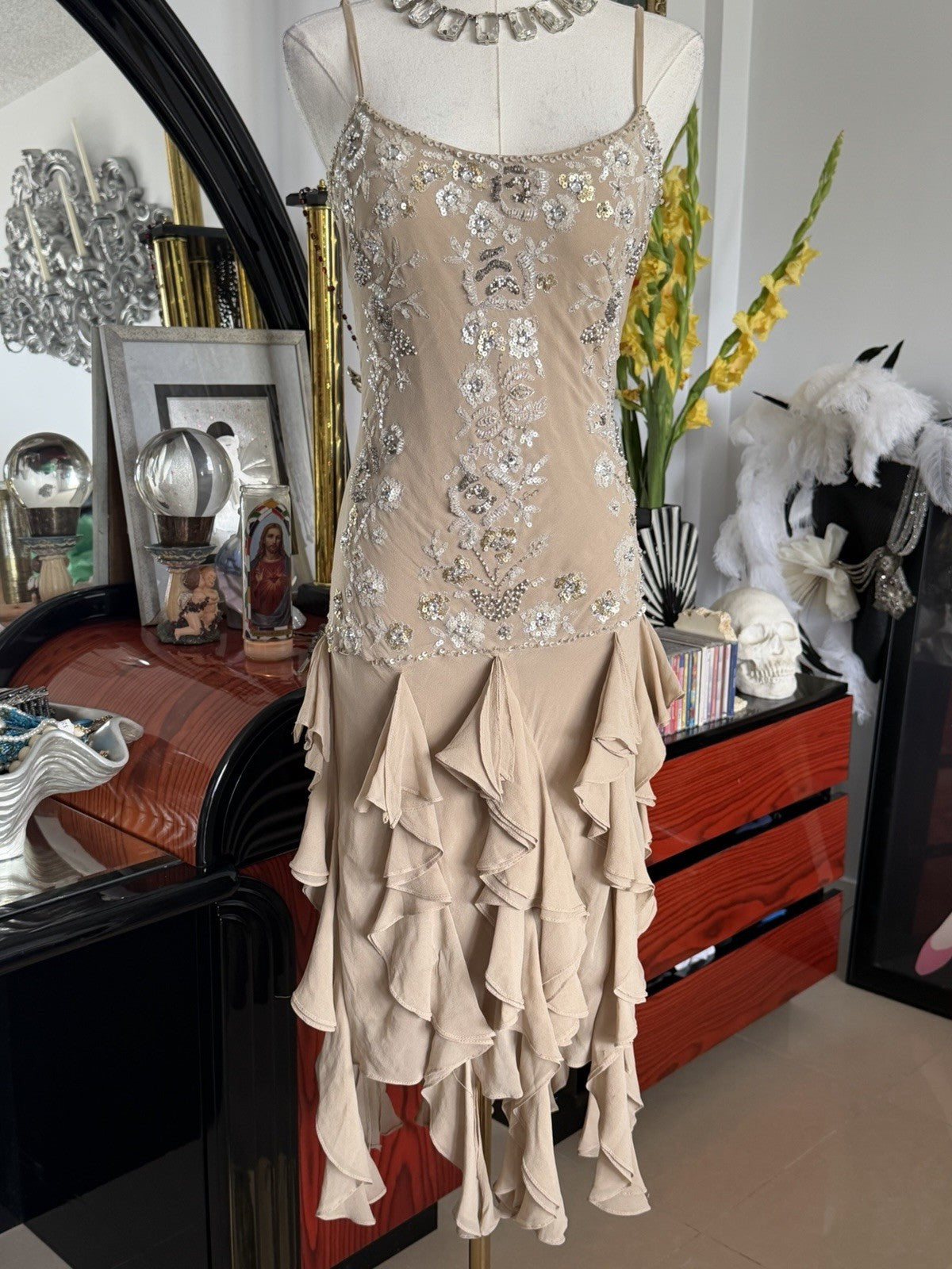Sue Wong Champagne Silk Hand Beaded Cocktail Dress Size 4