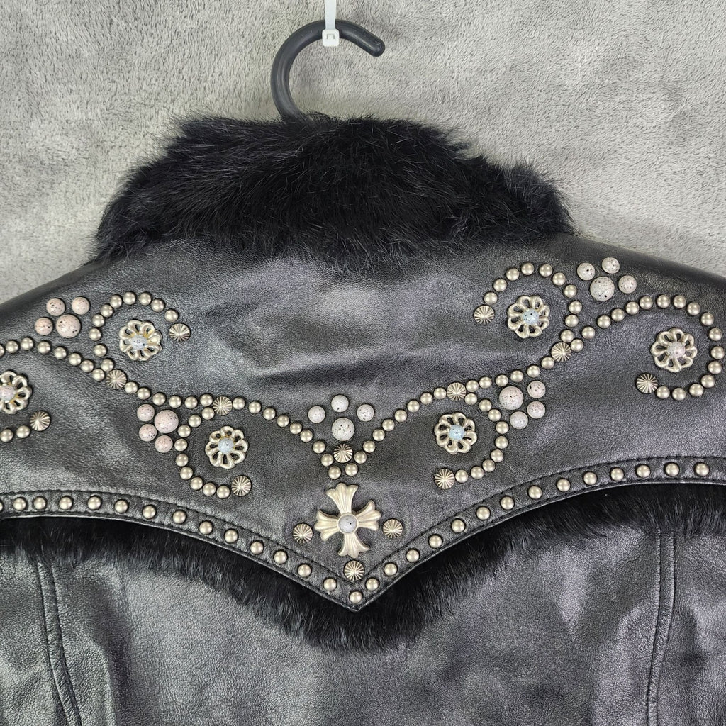 Cripple Creek Studded Black Leather Jacket with Faux Fur Large