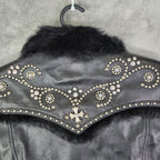 Cripple Creek Studded Black Leather Jacket with Faux Fur Large