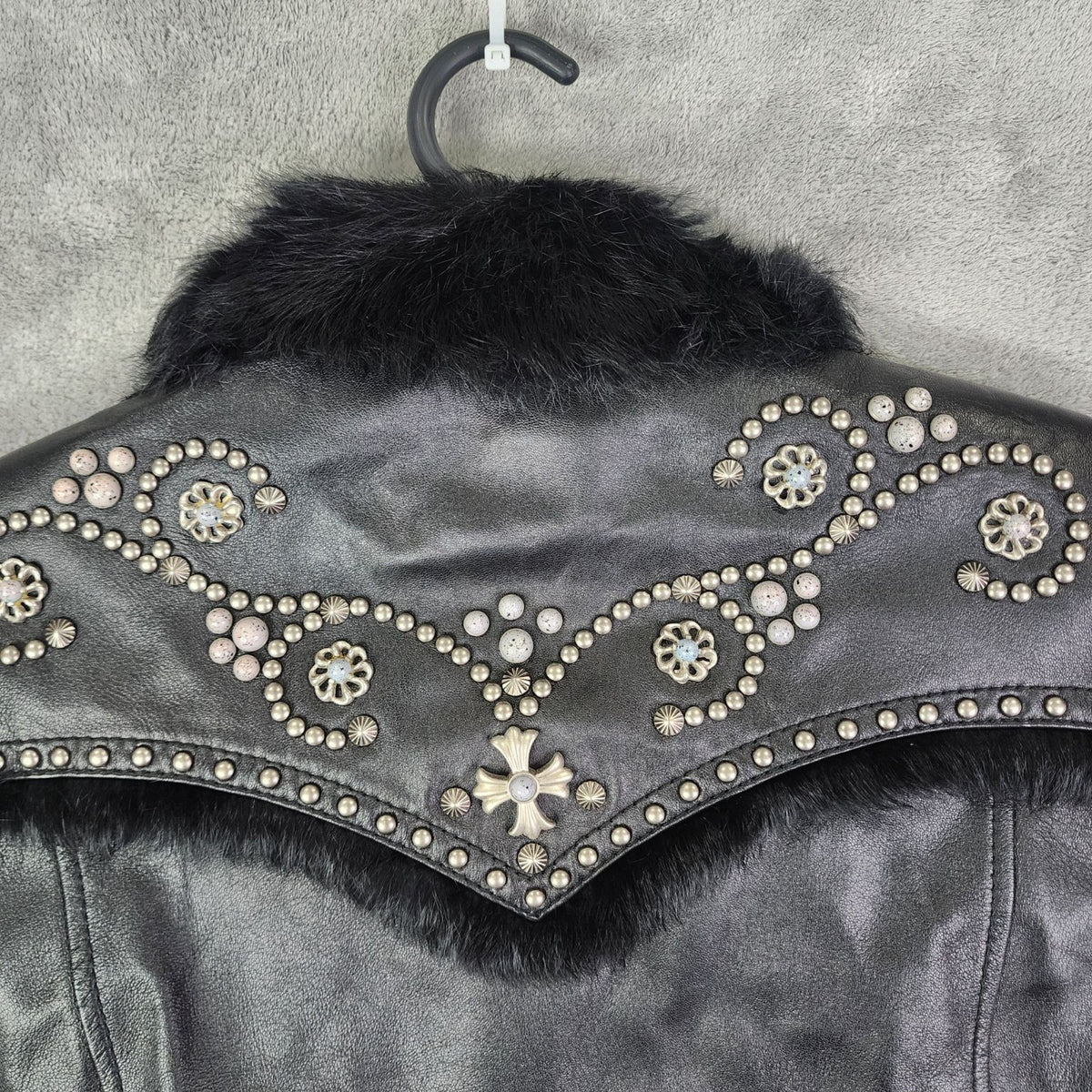 Cripple Creek Studded Black Leather Jacket with Faux Fur Large