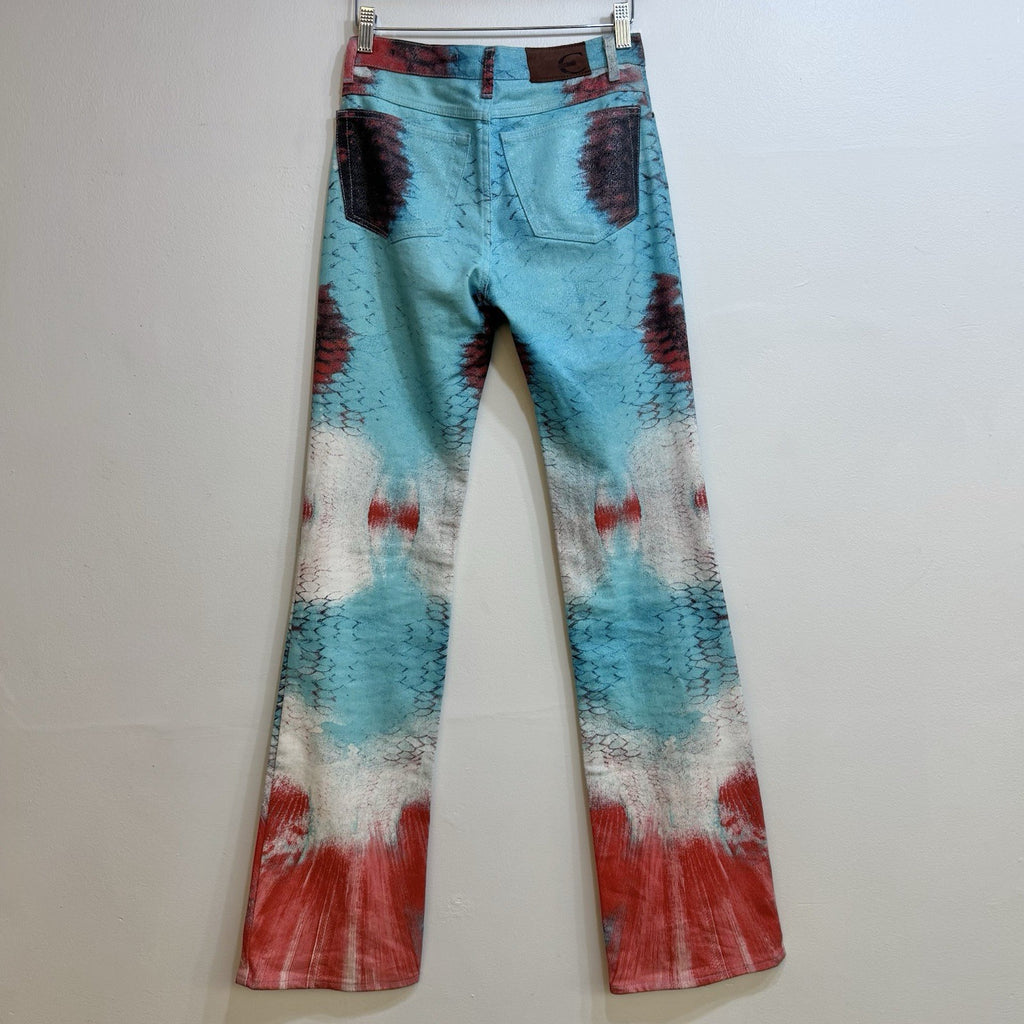 VTG ROBERTO CAVALLI SHIMMER FISH SCALE PRINTED BOOTCUT JEANS