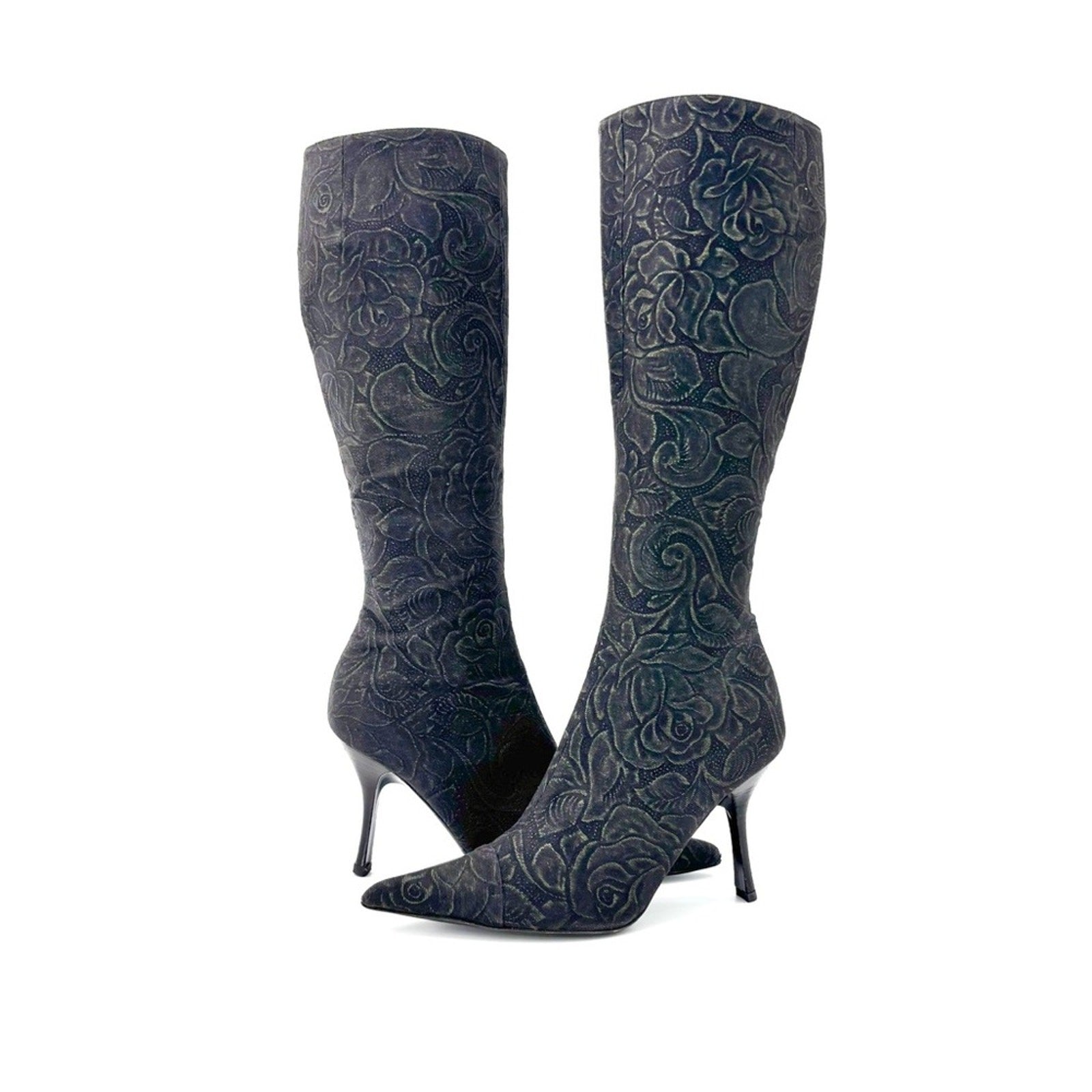 Vintage Roberto Cavalli Denim Floral Print Knee High Pointed Toe Boots 37.5