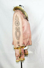 Leather Light Pink Shearling Jacket with Gold Tone Trim Size 42
