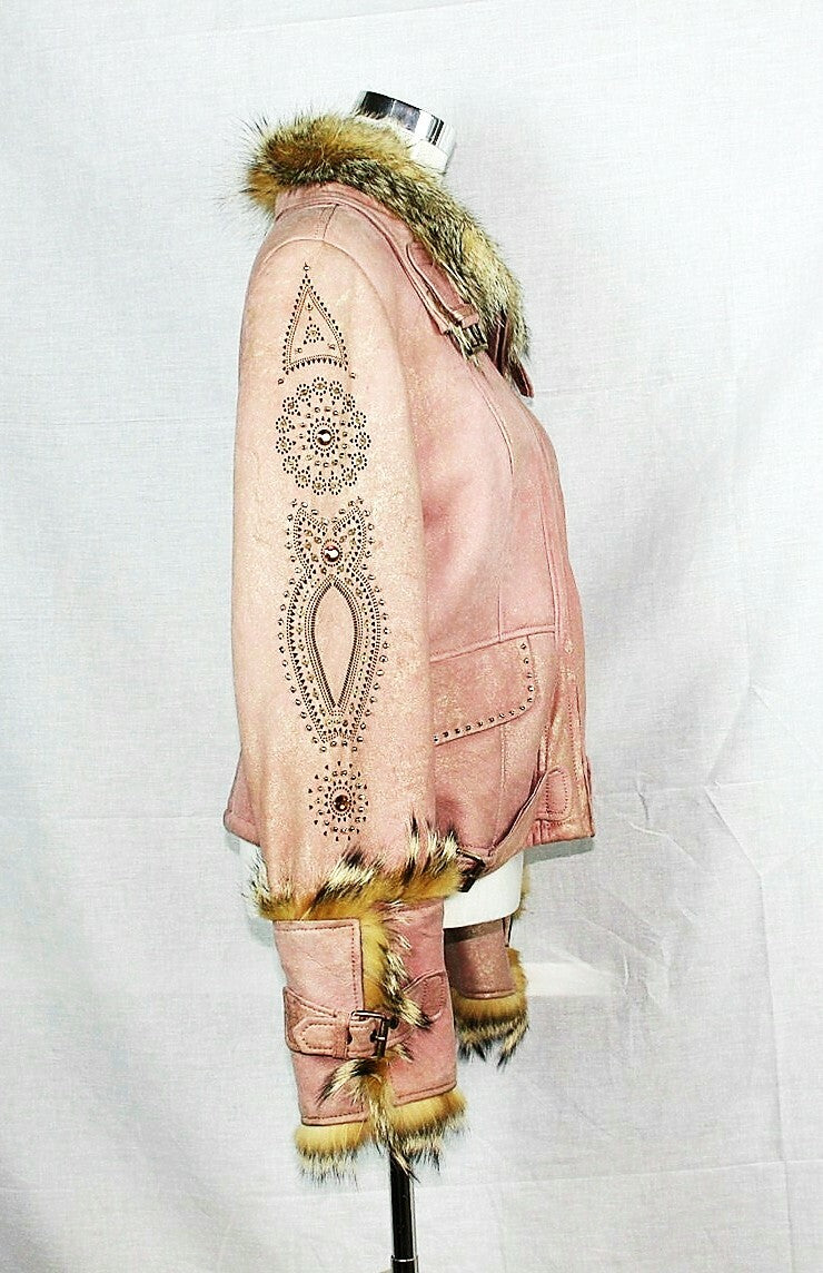 Leather Light Pink Shearling Jacket with Gold Tone Trim Size 42