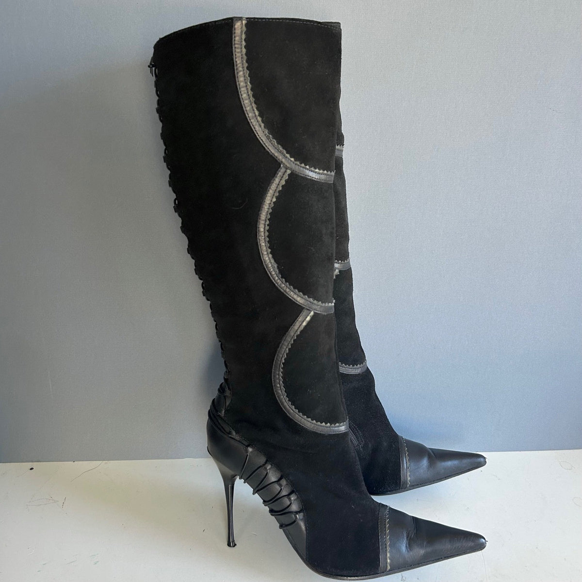 Aldo Tall Lace-Up Heeled Boots Black Pointed Toe Stiletto Knee