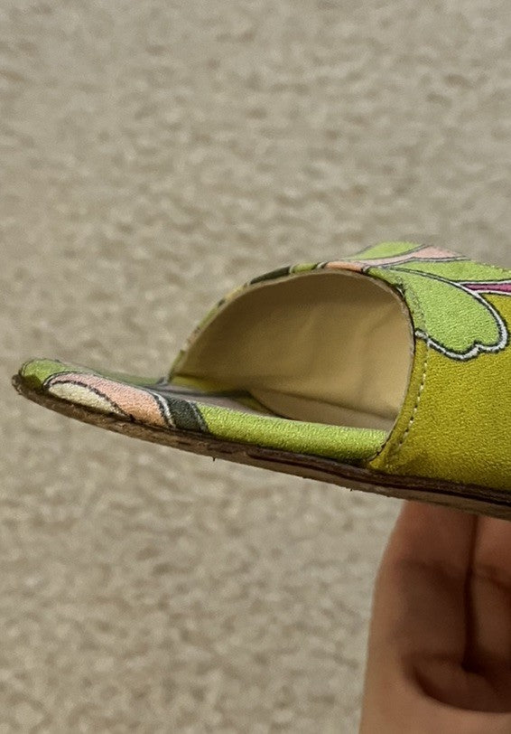 Vintage JIMMY CHOO Green & Pink Open Toe Pucci Print Heels, Made In Italy, 36