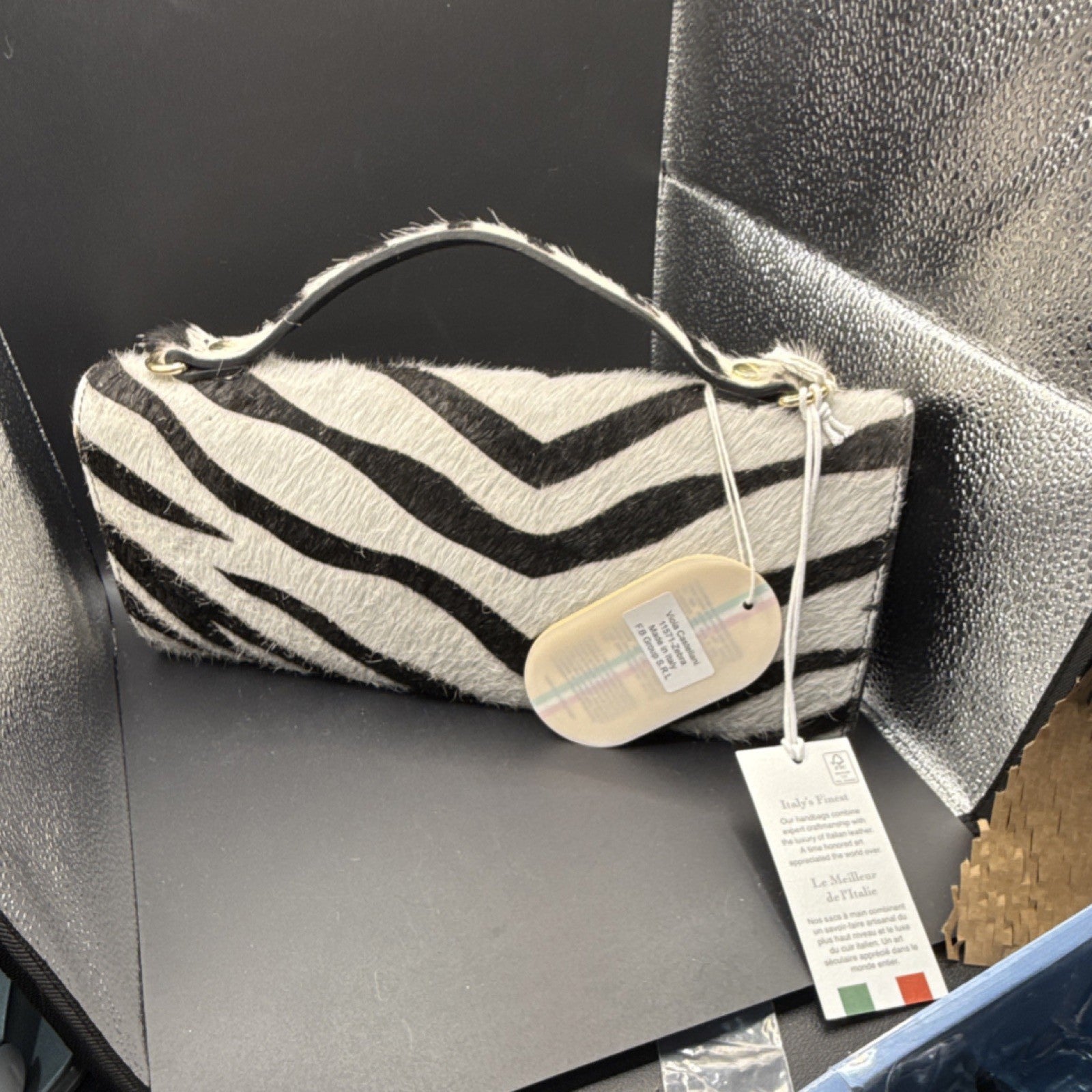 Viola Castellani Zebra Print Leather Fur Top Handle Bag