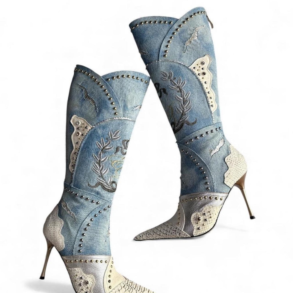 EL DANTES Pointy Blue DenimStiletto Boots RARE Sz 39 / 8 Y2K Vintage