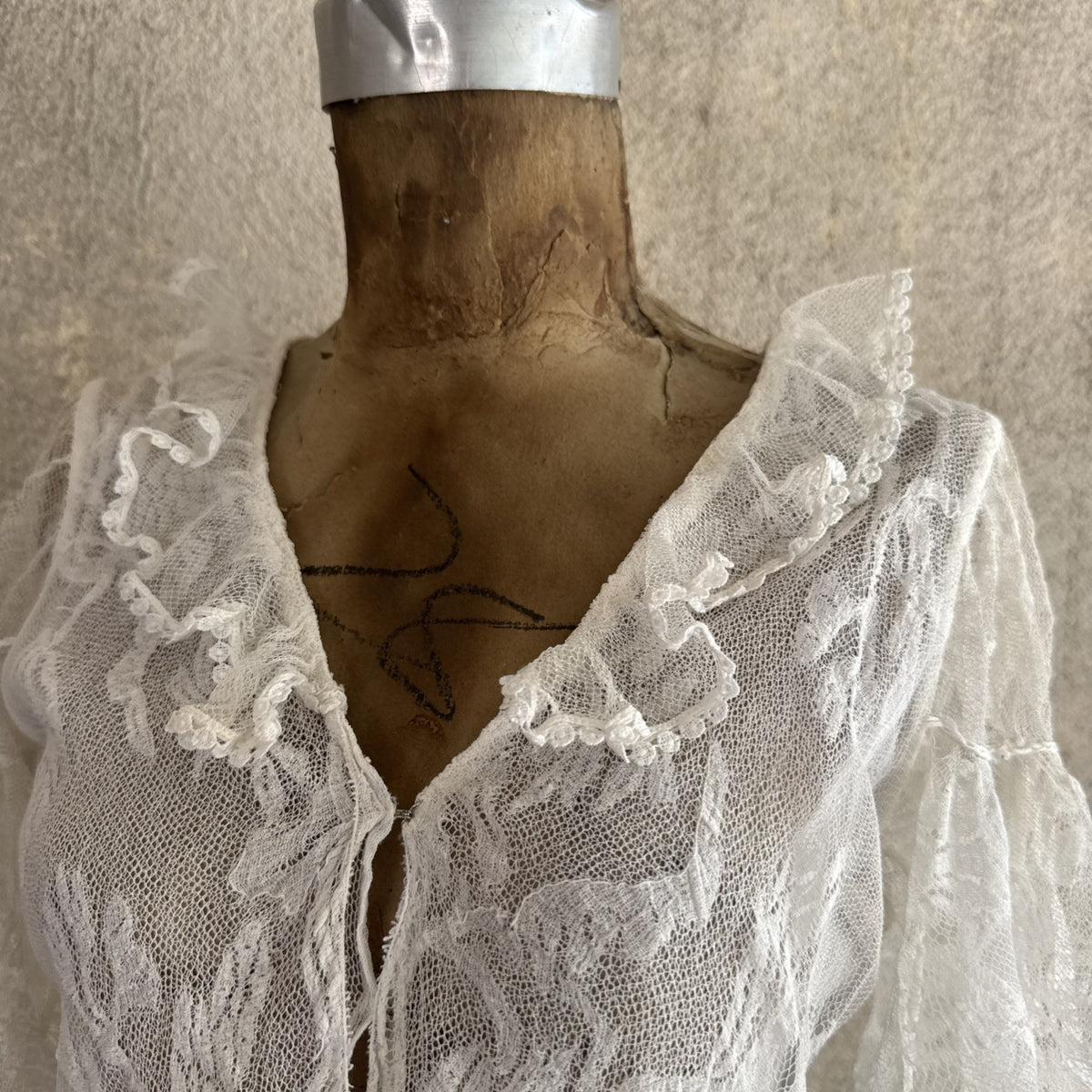 Antique Edwardian White Net Lace Dress Floral Lace Maxi Ruffle Bridal Vintage