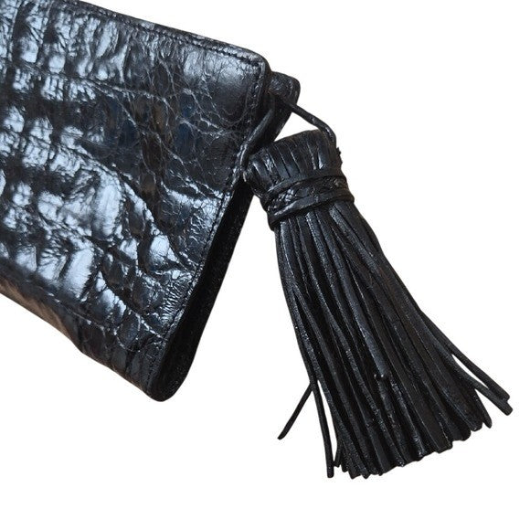 Nancy Gonzalez Black Slim Envelope Clutch Pouch Evening Bag Tassel Zip Crocodile
