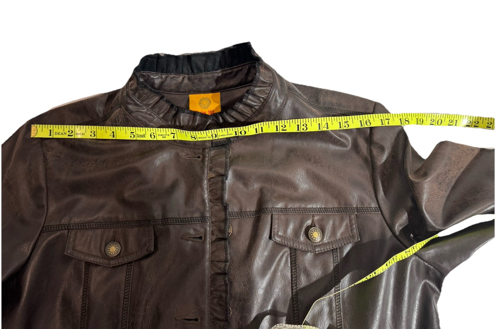 Vintage Women’s Faux Leather Jacket scalloped trim waist length fitted 2 Pockets