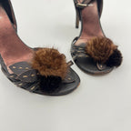 Fendi | Auth Selleria Brown Leather Mink Fur Camellia Ankle Strap Stiletto (35)