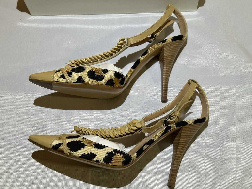 Casadei Natural Leopard Print Beige Leather Ankle Strap Heel 8.5